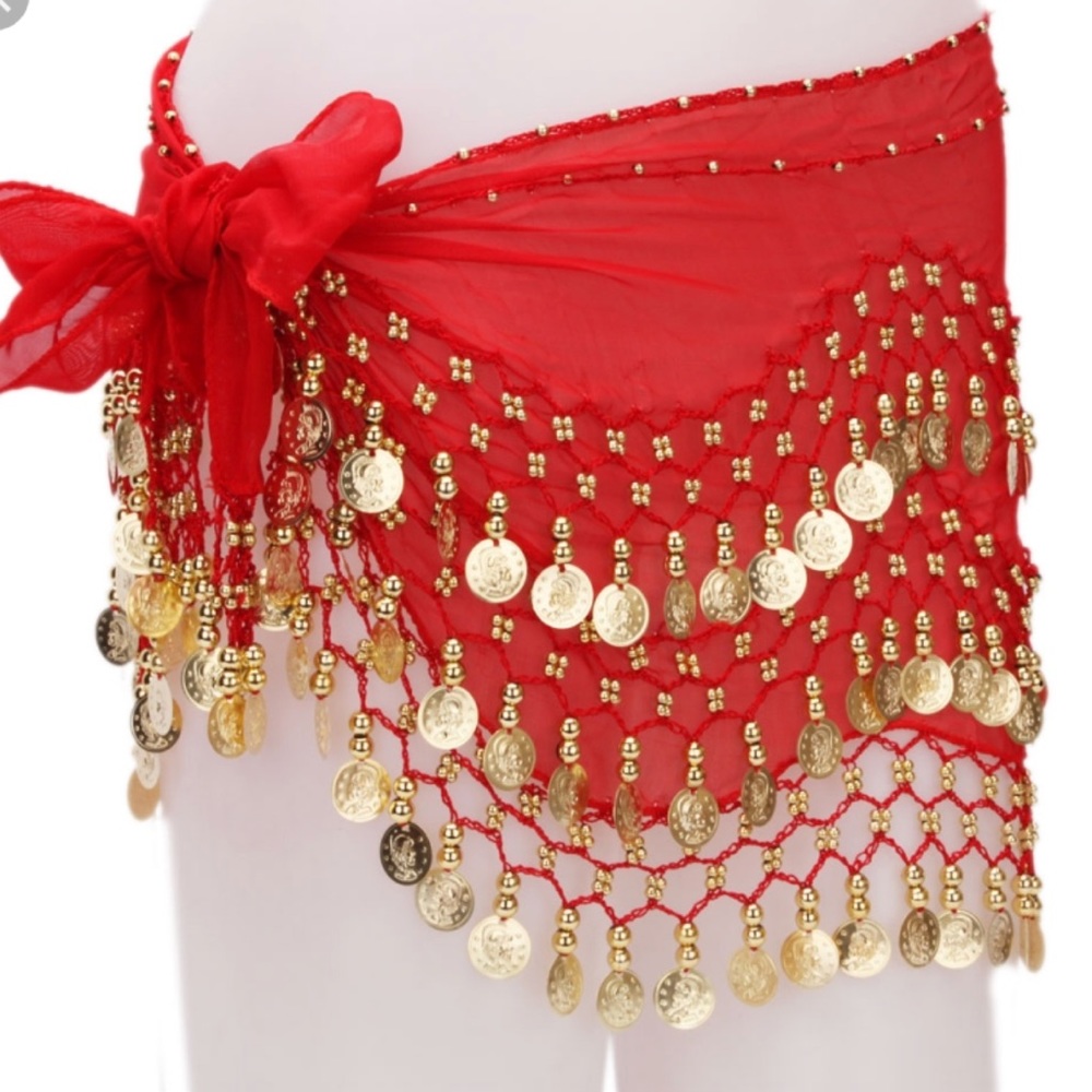Red belly dance hip skirt scarf coin wrap